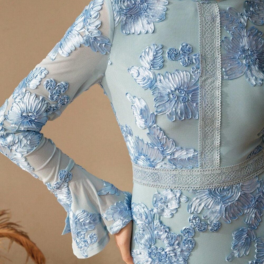 Blue Boho Women's Textured Floral Embroidered Party & Casual Long Sleeve Dress - Picture 3 of 7